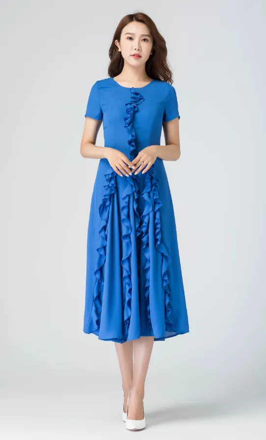 blue ruffle dress, prom chiffon dress, midi dress, summer dress,1916#