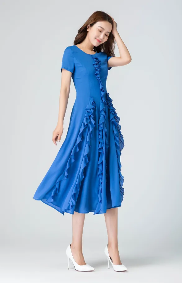 blue ruffle dress, prom chiffon dress, midi dress, summer dress,1916#