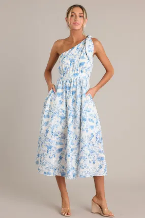 Bluebell Bliss Blue Floral One Shoulder Midi Dress