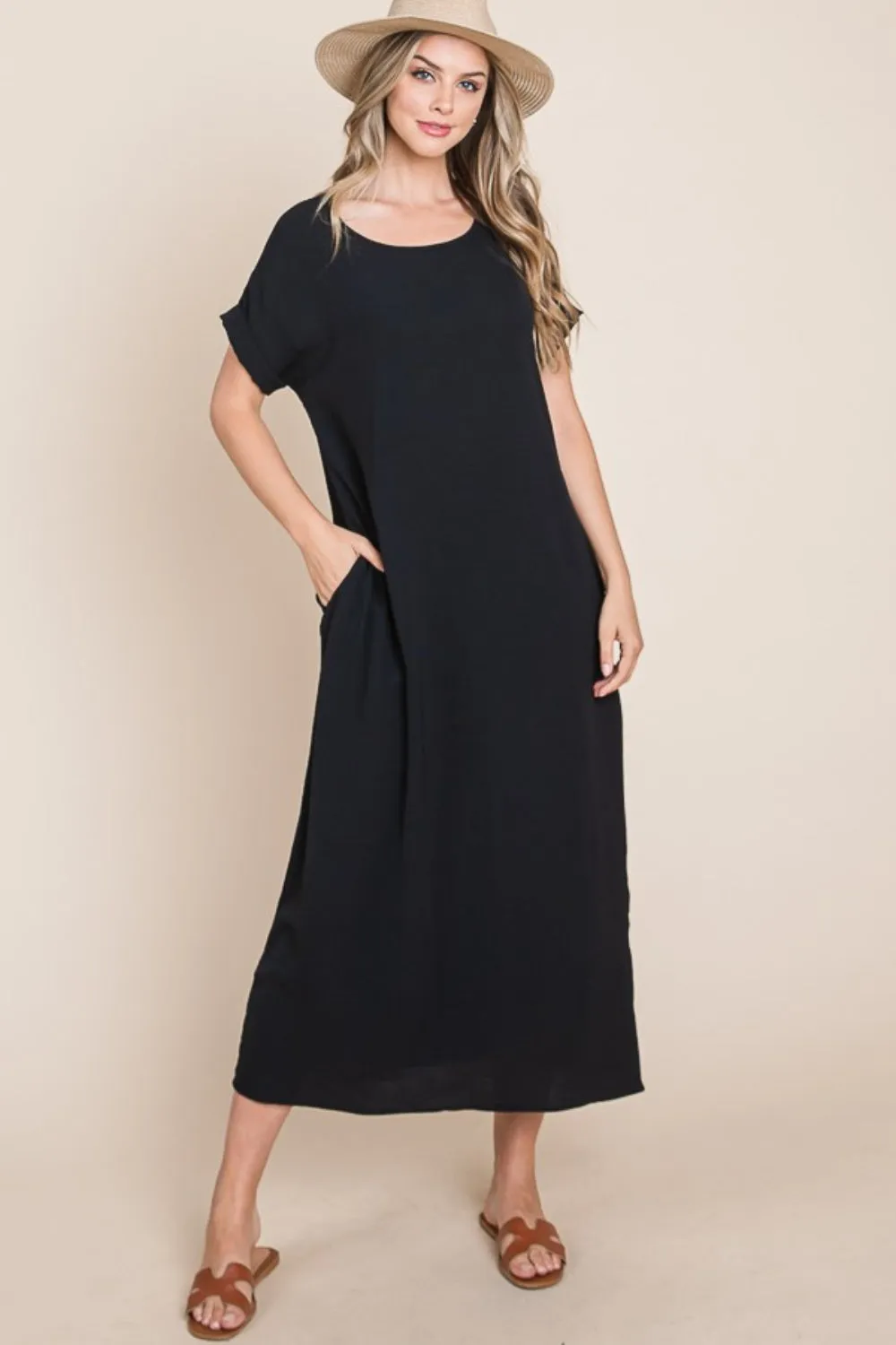 BOMBOM Round Neck Short Sleeve Midi Dress with Pockets