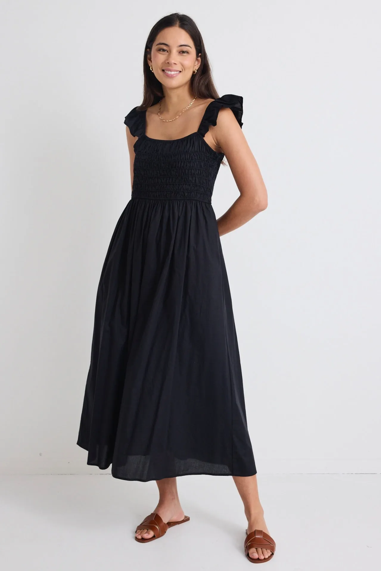 Bonbon Black Flutter Sleeve Midi Dress