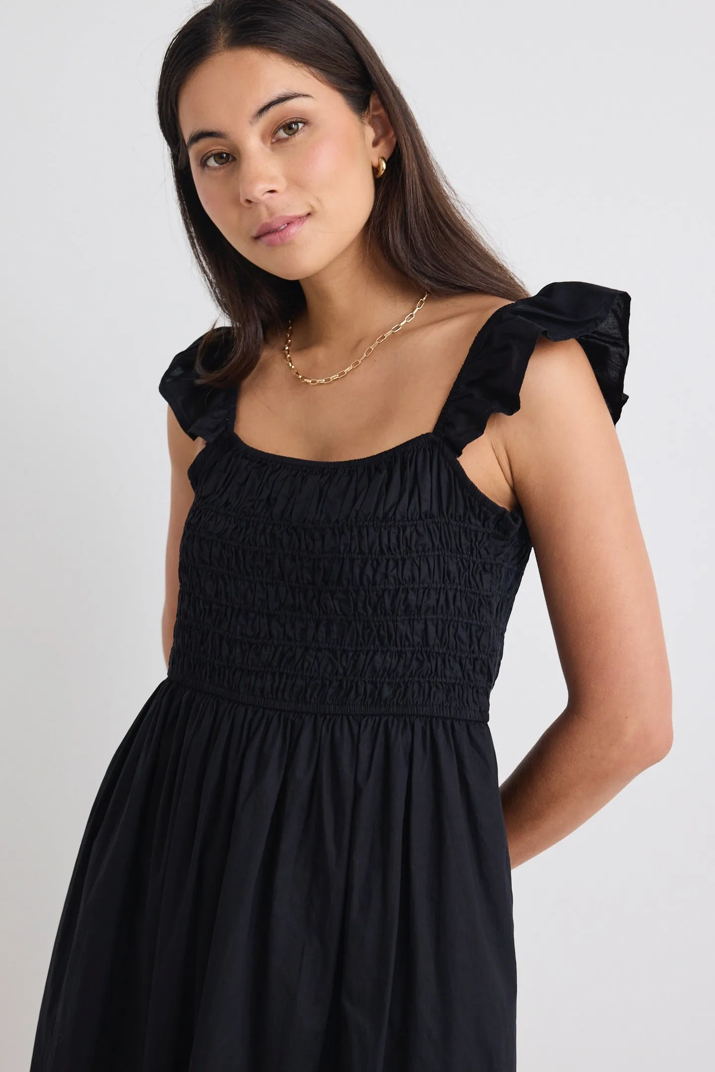 Bonbon Black Flutter Sleeve Midi Dress