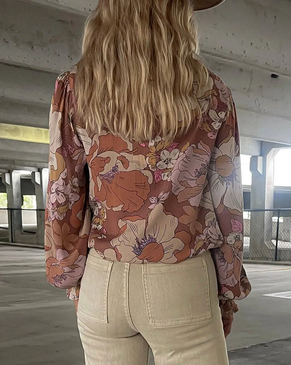 Brown Floral Bubble Sleeve Top