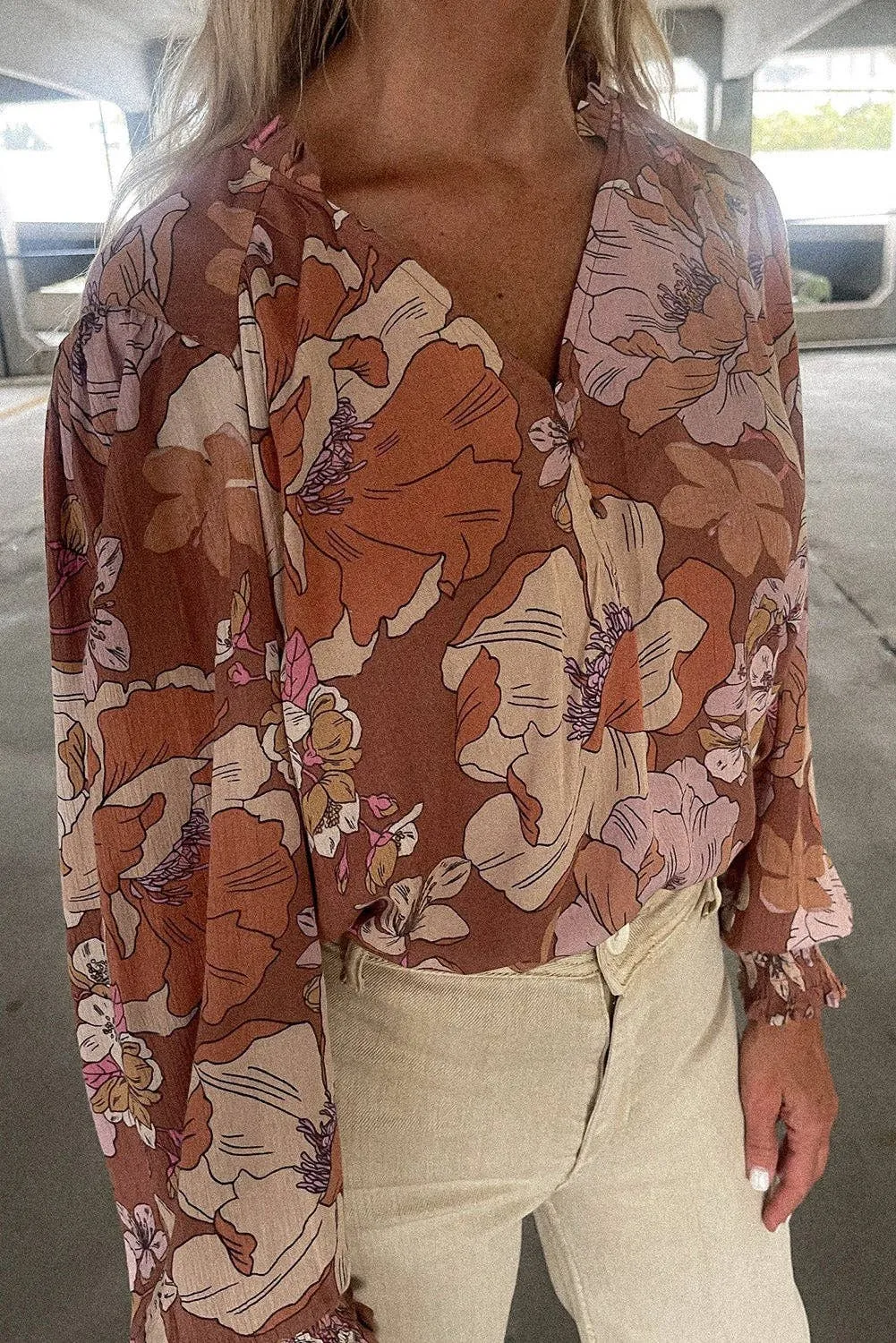 Brown Floral Bubble Sleeve Top