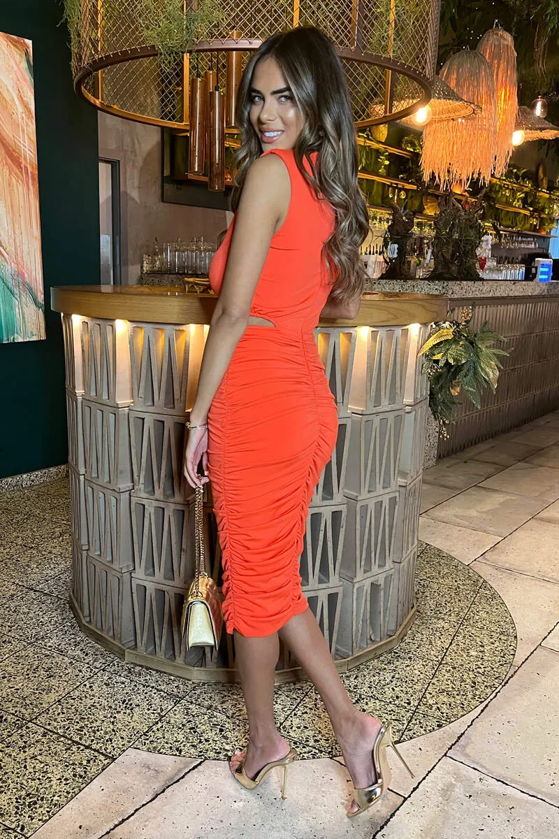 Burnt Orange Cut Out Midi Bodycon Dress