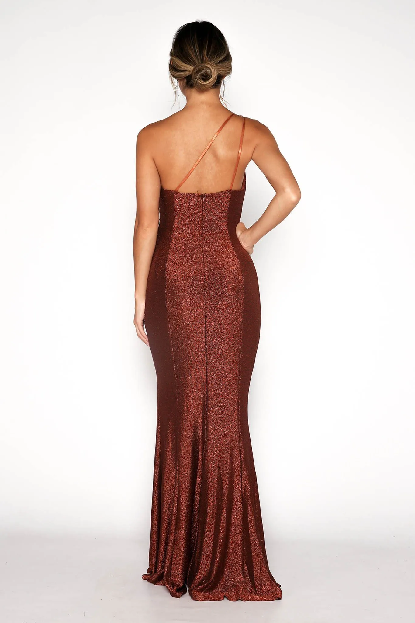 CALI One Shoulder Maxi Dress - Shimmer Copper