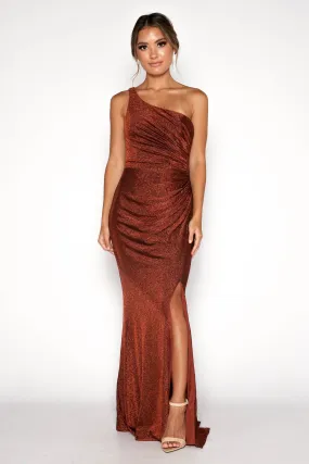 CALI One Shoulder Maxi Dress - Shimmer Copper