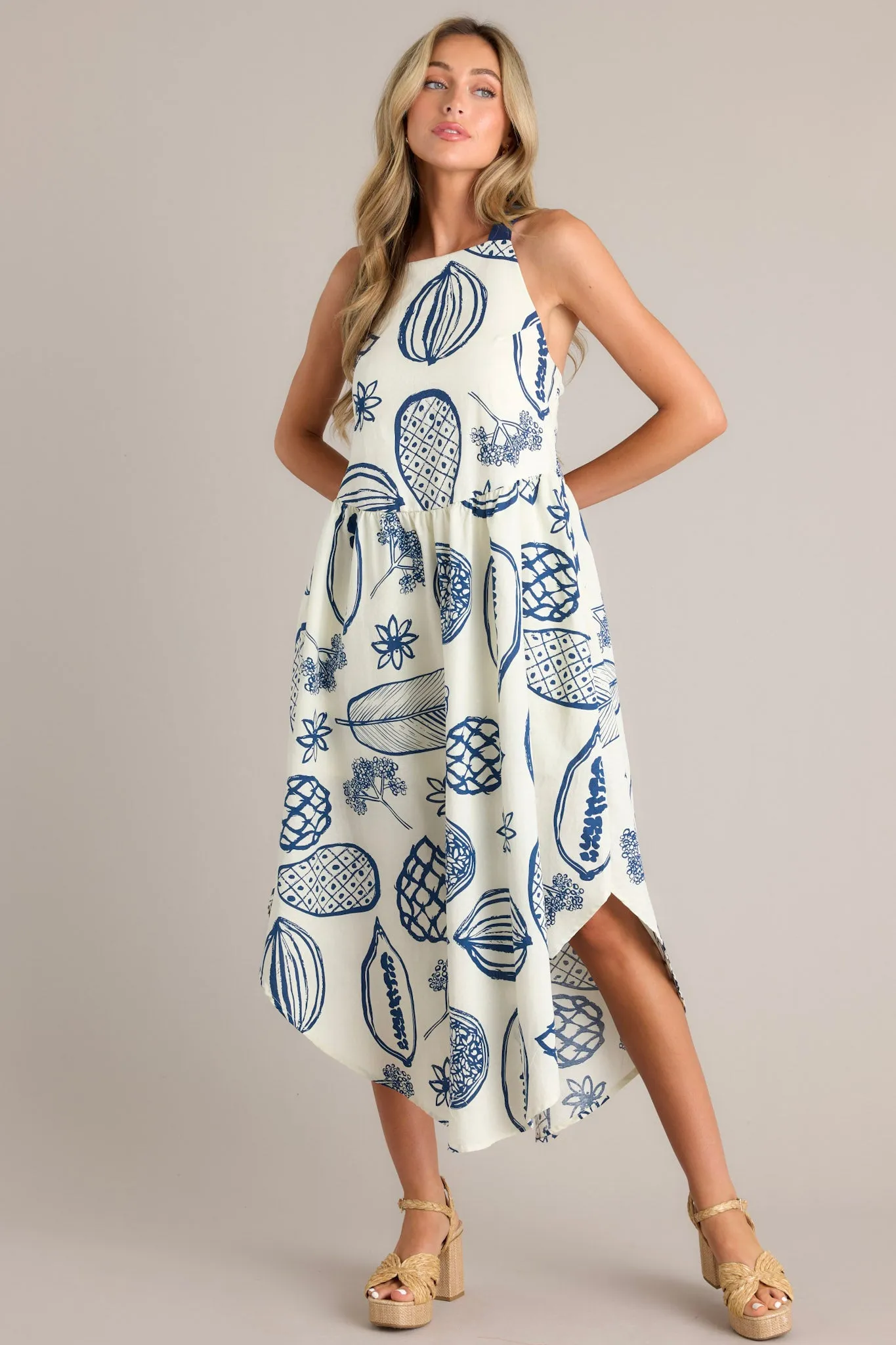 Caribbean Bliss Navy Tropical Print Midi Dress