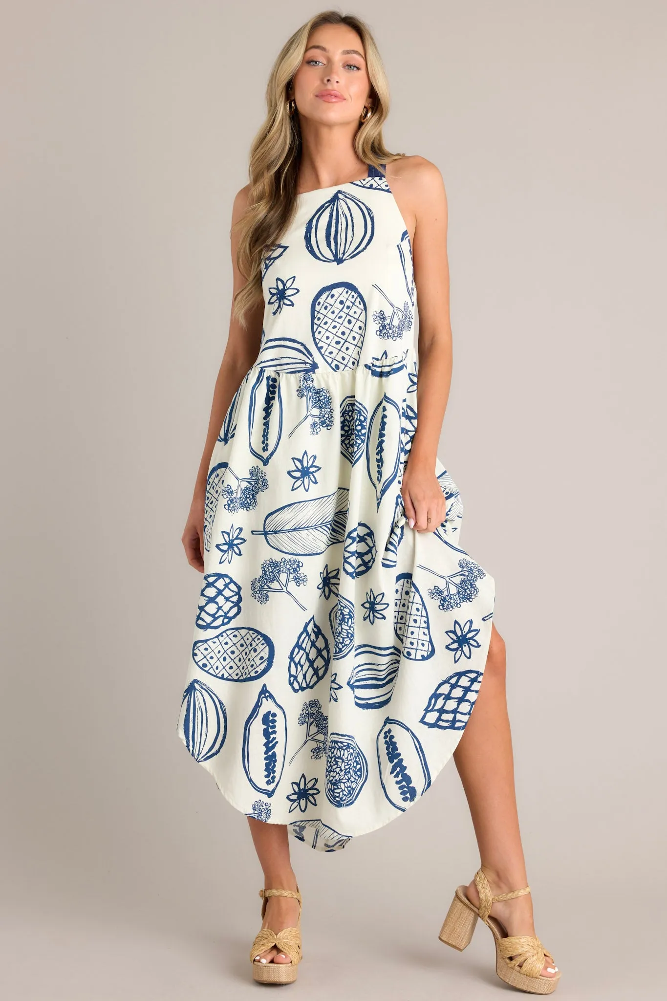 Caribbean Bliss Navy Tropical Print Midi Dress