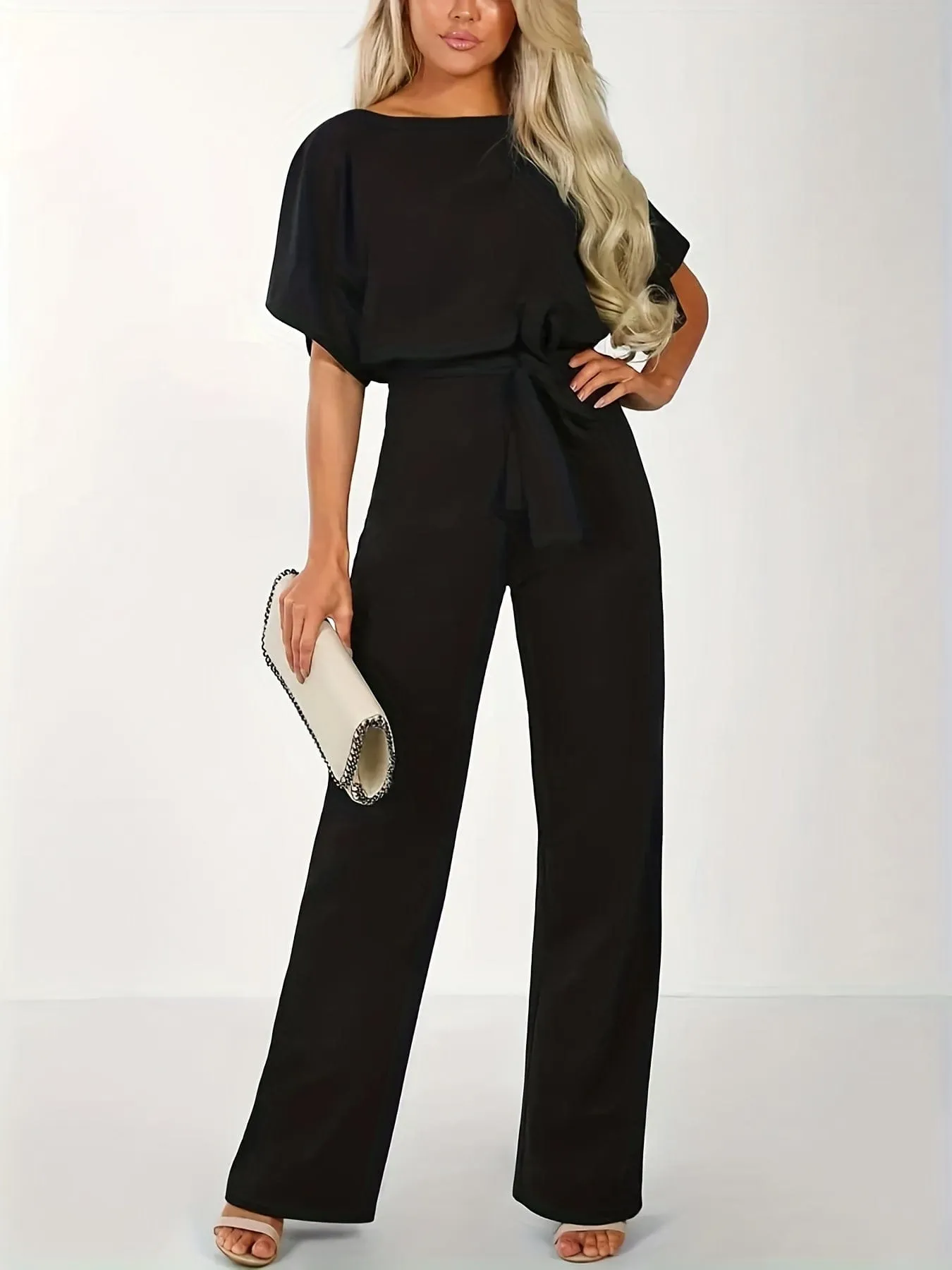 Casual Crew Neck Tie-Waist Short Sleeve Wide-Leg Jumpsuit