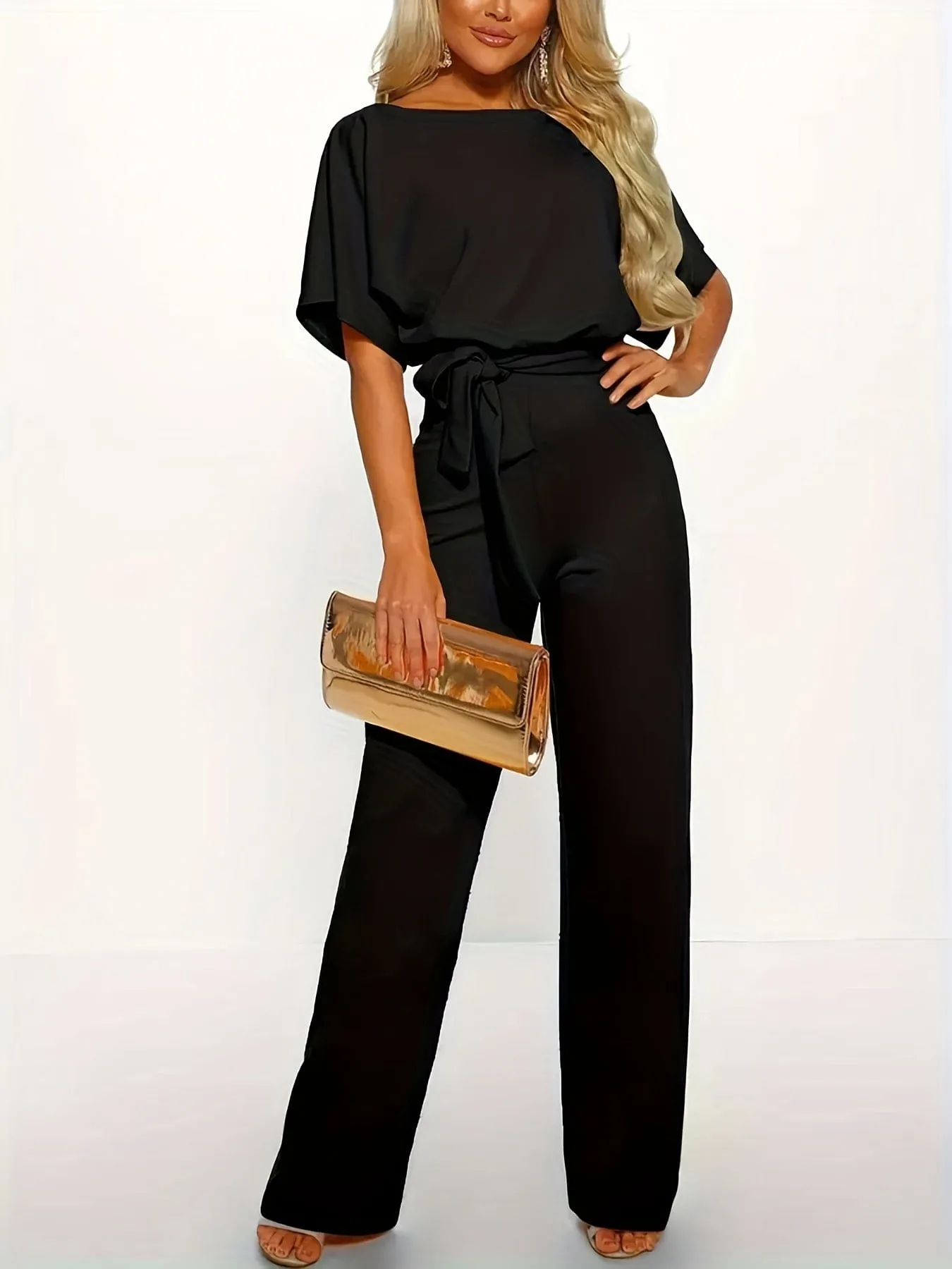 Casual Crew Neck Tie-Waist Short Sleeve Wide-Leg Jumpsuit