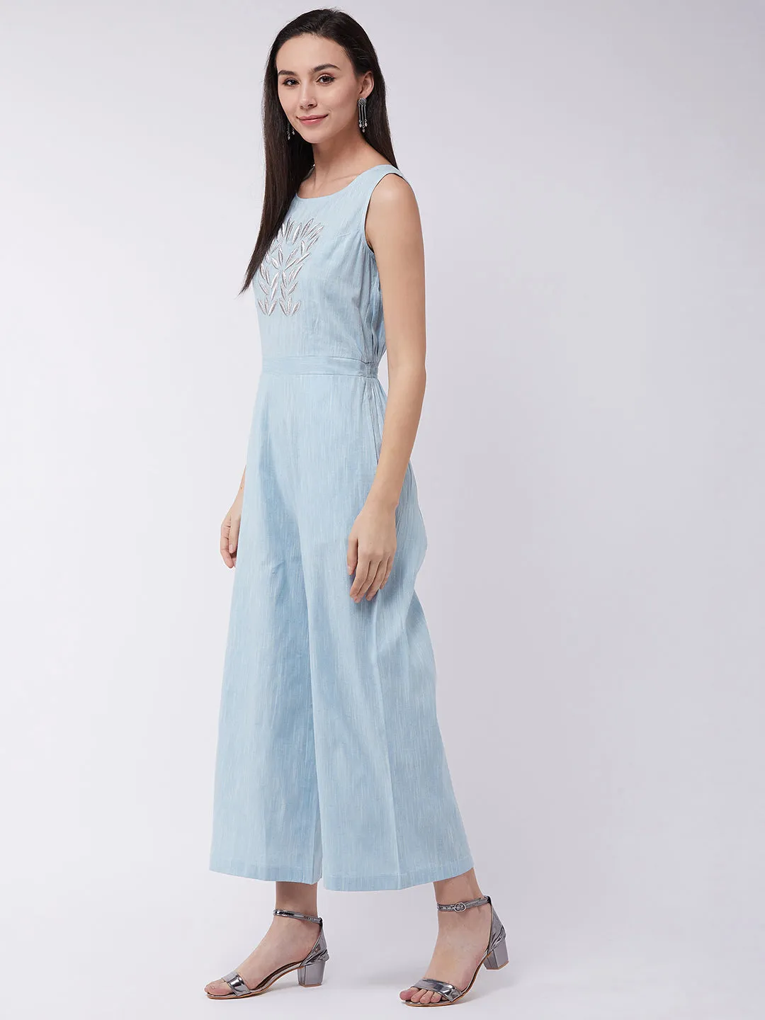 Chambray Front Embroidered Jumpsuit