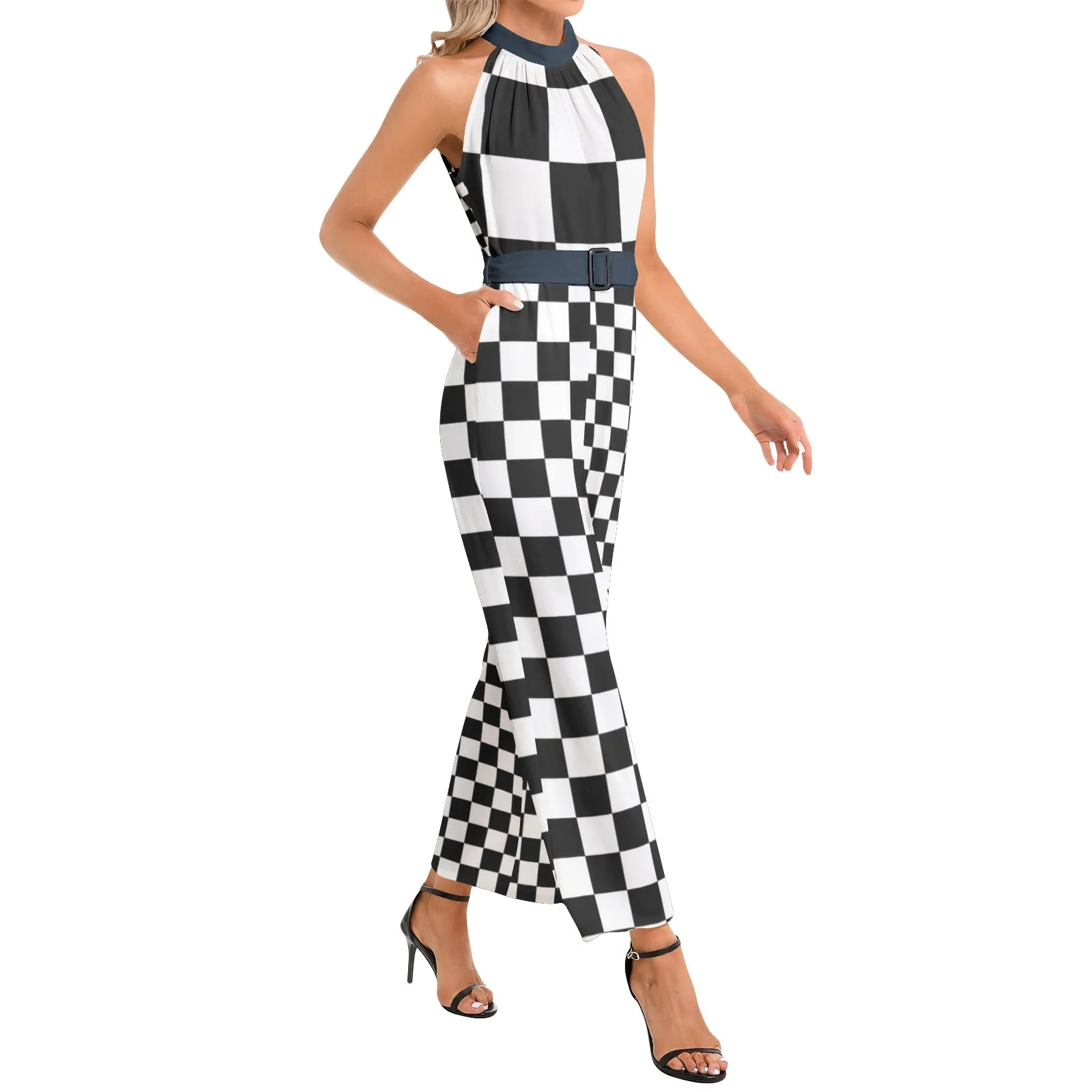 Checkered Halter Neck Buckle Belted Jumpsuit