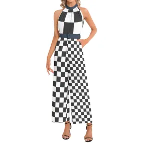 Checkered Halter Neck Buckle Belted Jumpsuit