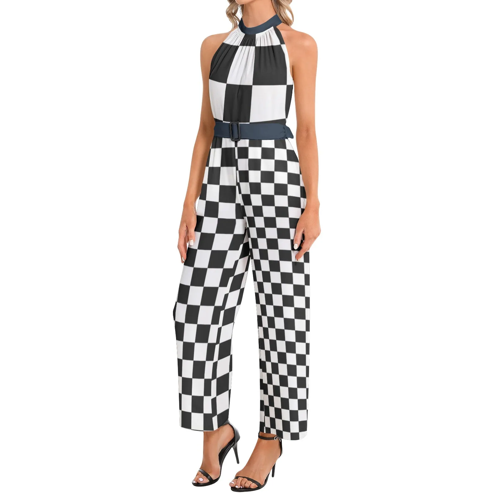 Checkered Halter Neck Buckle Belted Jumpsuit