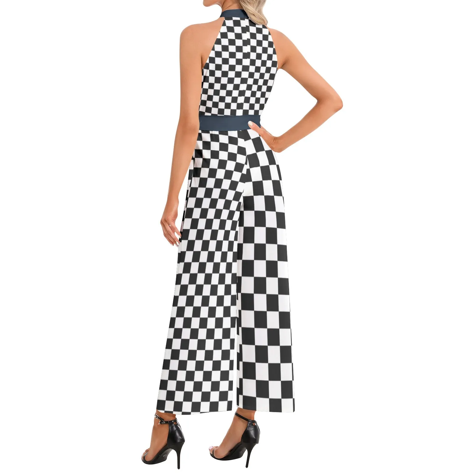 Checkered Halter Neck Buckle Belted Jumpsuit