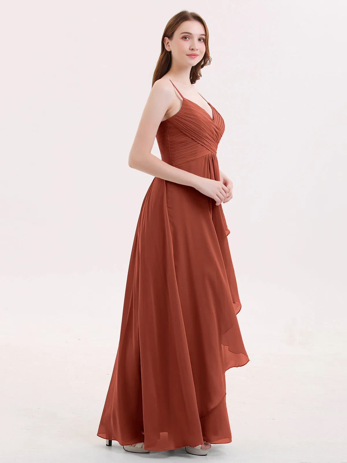 Chiffon Bridesmaid Dresses with Cascade Skirt-Rust