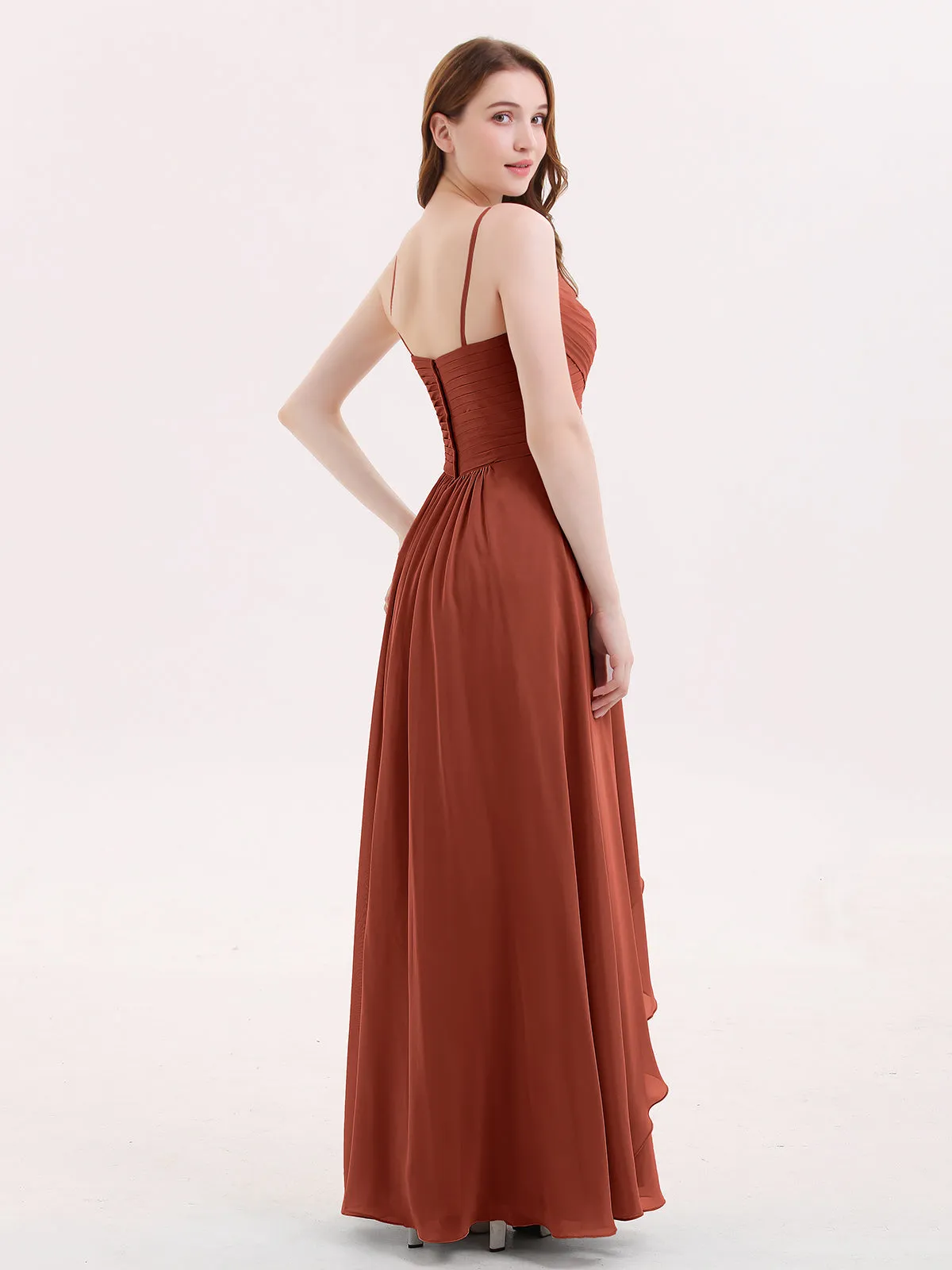 Chiffon Bridesmaid Dresses with Cascade Skirt-Rust