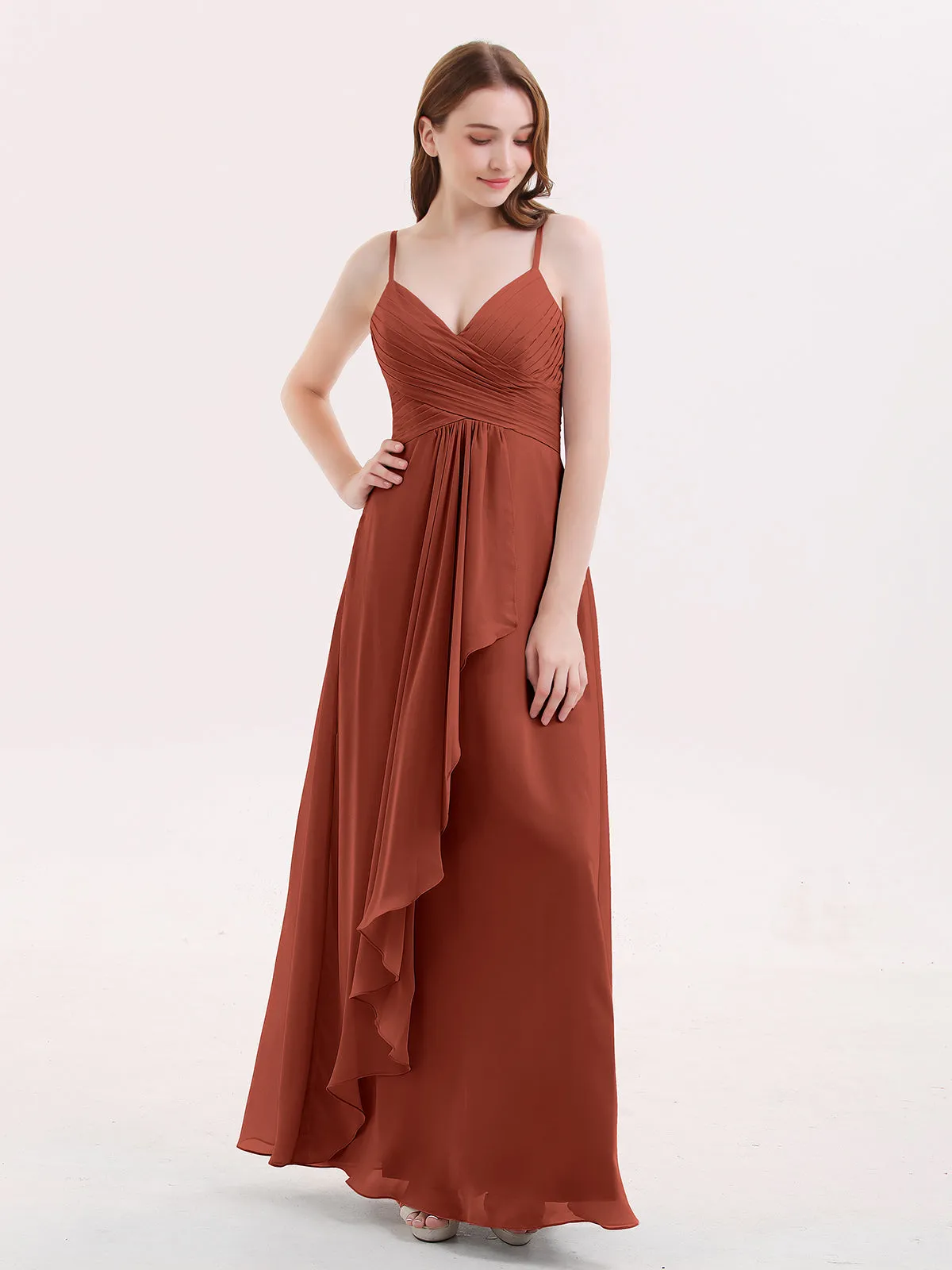 Chiffon Bridesmaid Dresses with Cascade Skirt-Rust