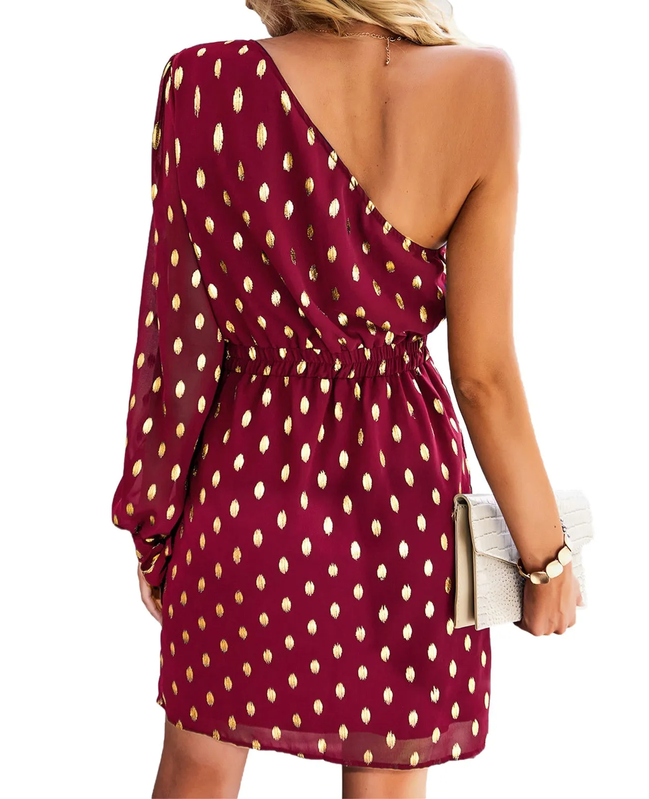 Chiffon One Shoulder Polka Dot Mini Dresses