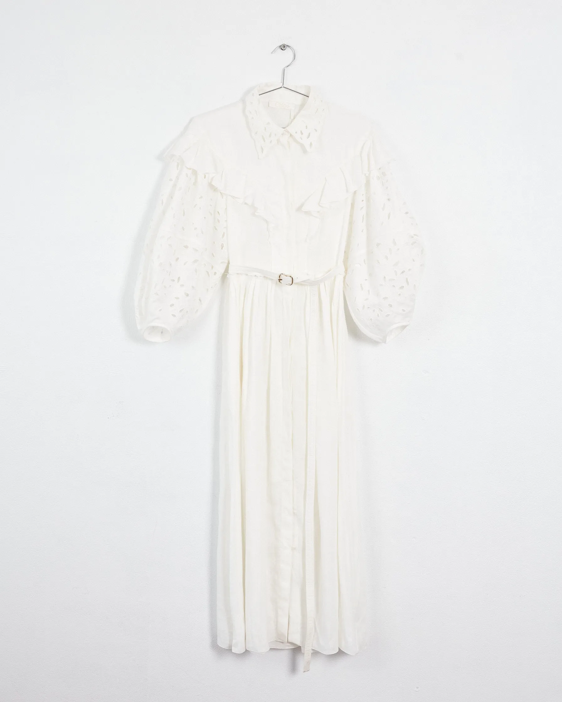 Chloé prefall '22 broderie anglaise/ruffle shirtdress, cream, 8