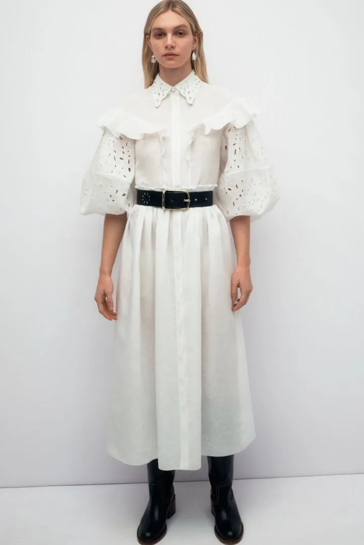 Chloé prefall '22 broderie anglaise/ruffle shirtdress, cream, 8