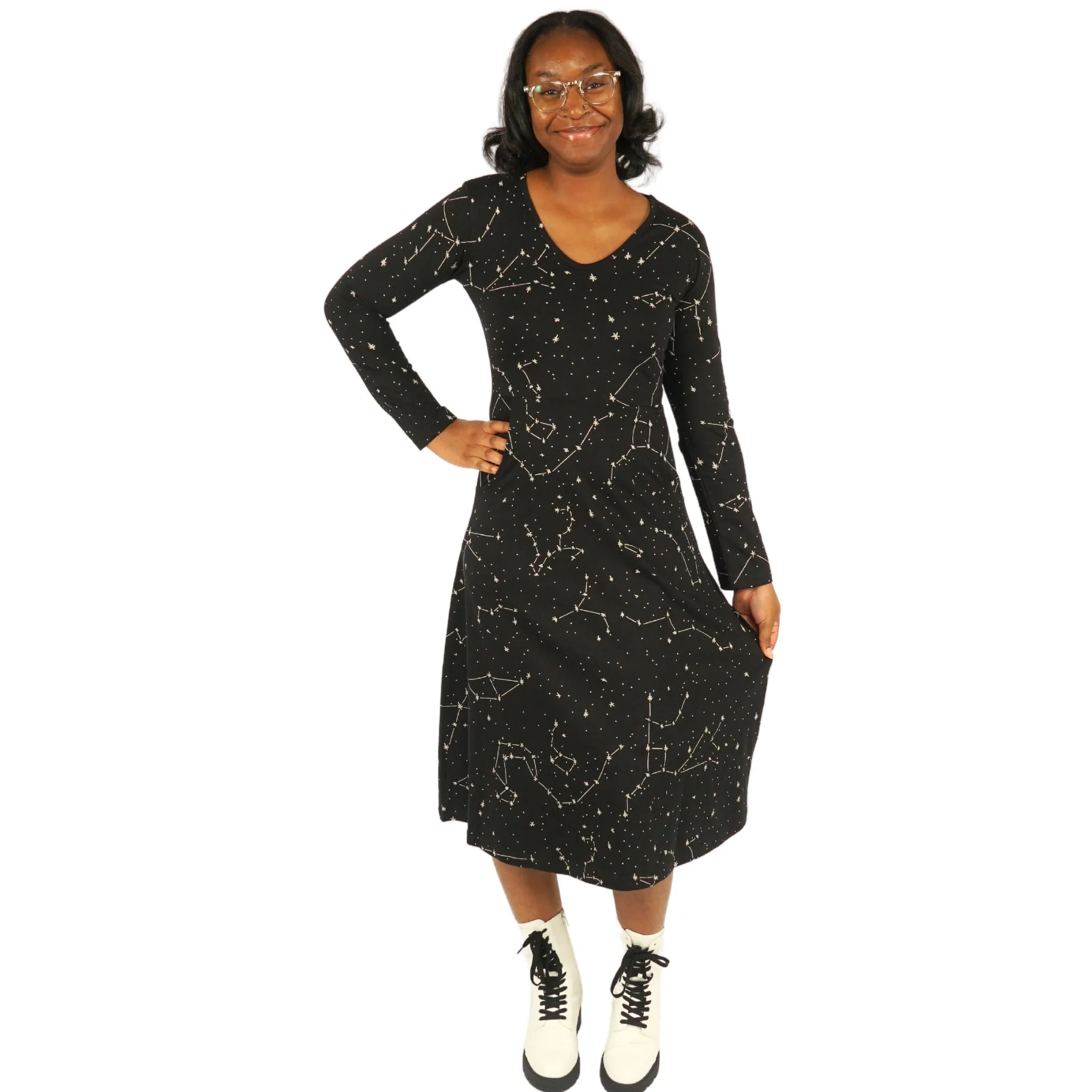 Constellations Glow-in-the-dark Long Sleeves Midi Dress (With Waist Seam)