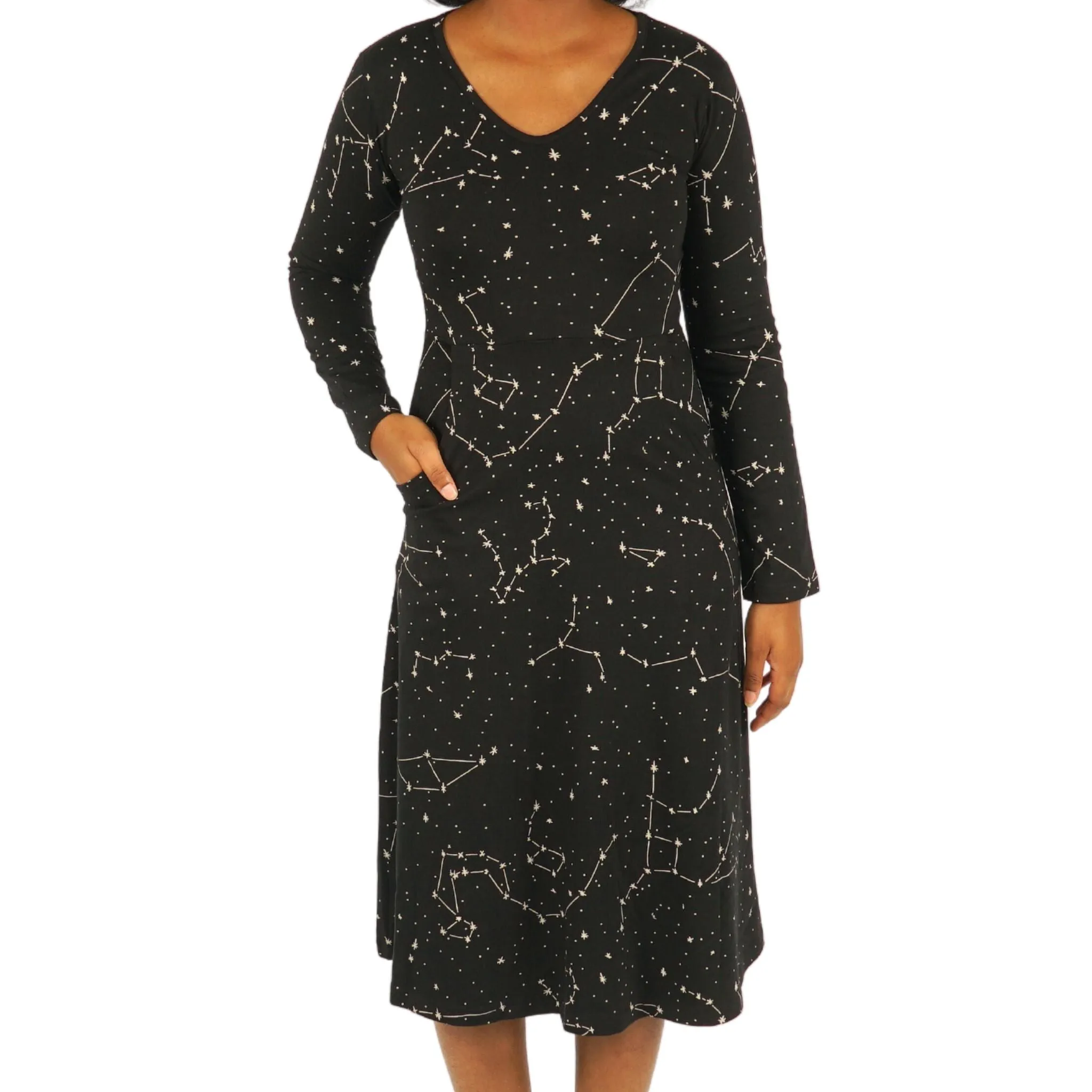 Constellations Glow-in-the-dark Long Sleeves Midi Dress (With Waist Seam)