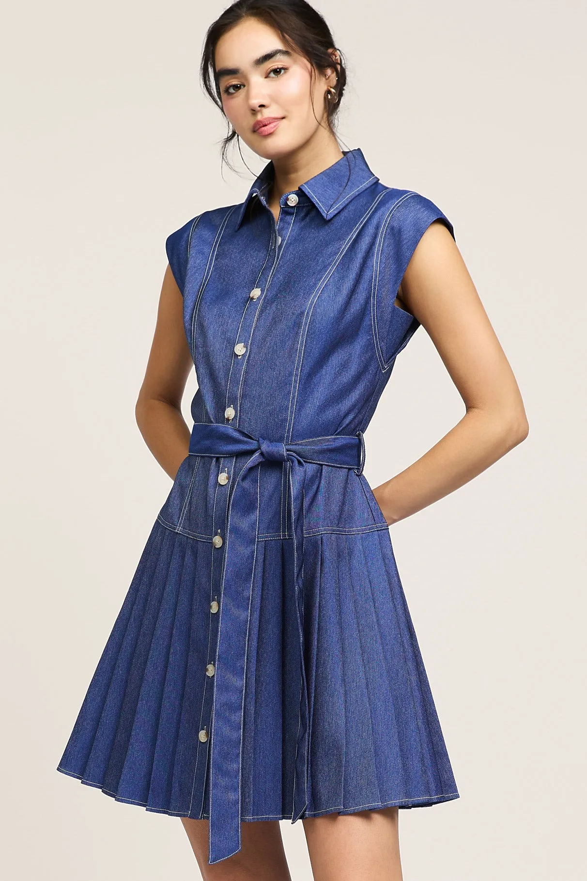 Contrast Stitch Pleated Mini Dress