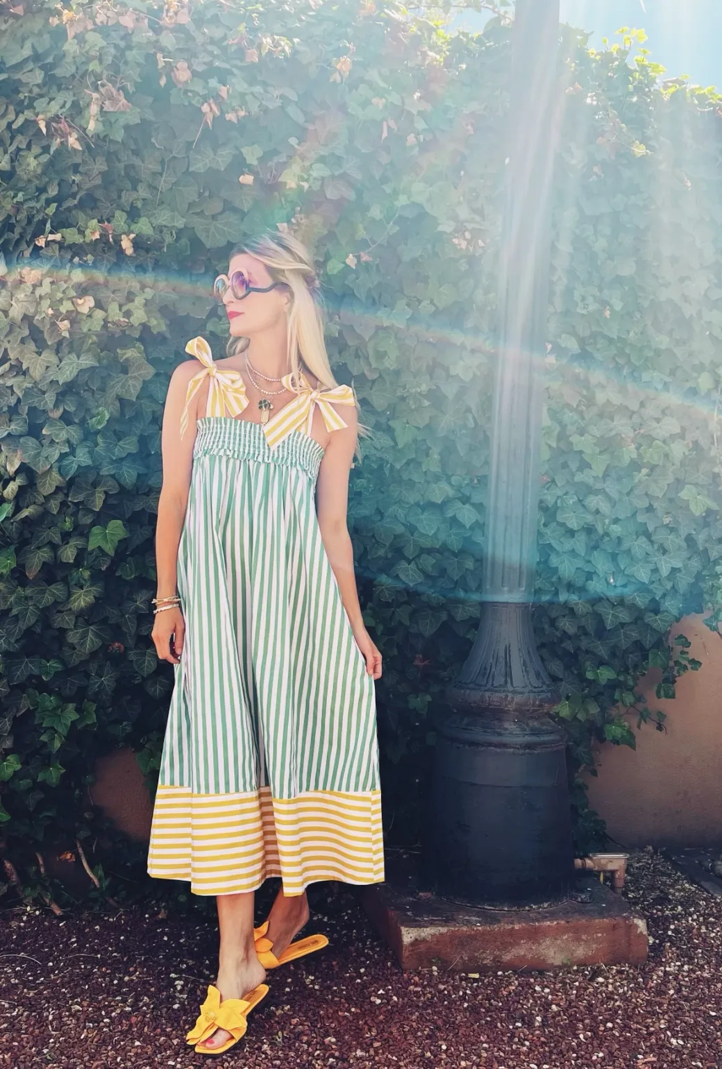 Contrast Tie Top MIDI Dress - Green & Yellow