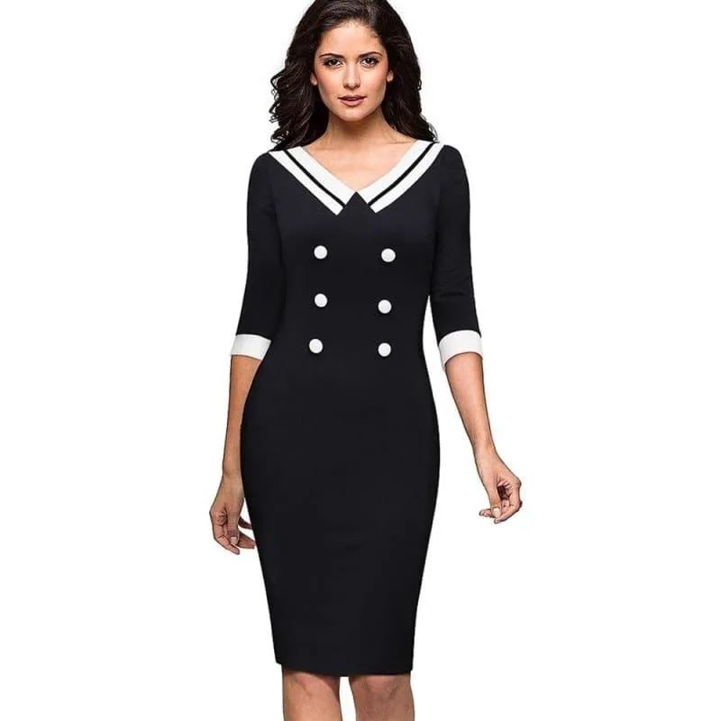 Contrast Vintage Striped Button Pinup Retro Sheath Sailor Midi Dress