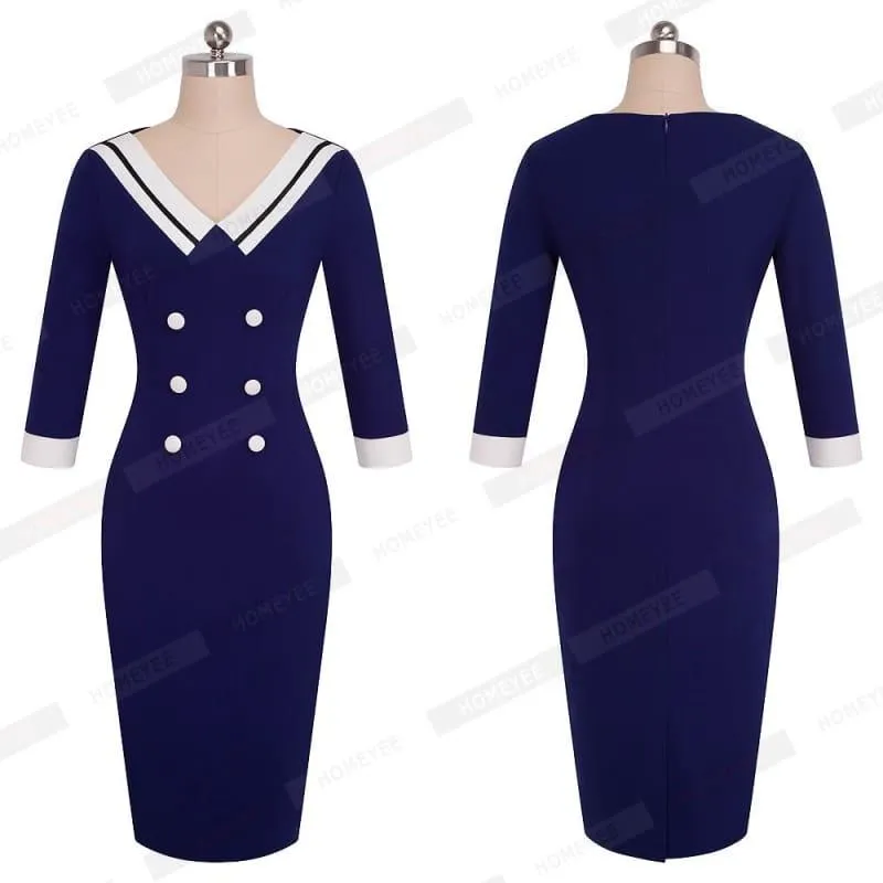 Contrast Vintage Striped Button Pinup Retro Sheath Sailor Midi Dress