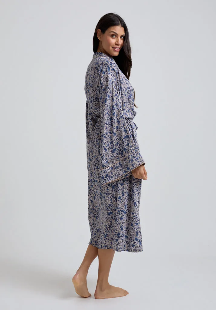 Corina Kimono Style Aster Print Robe In Blue