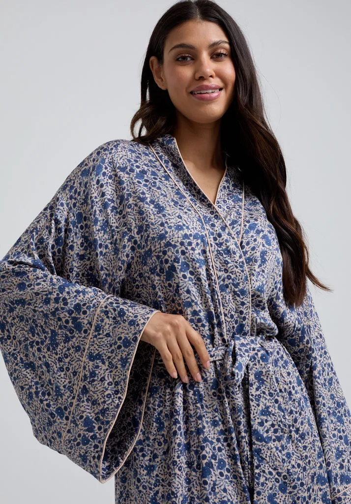 Corina Kimono Style Aster Print Robe In Blue