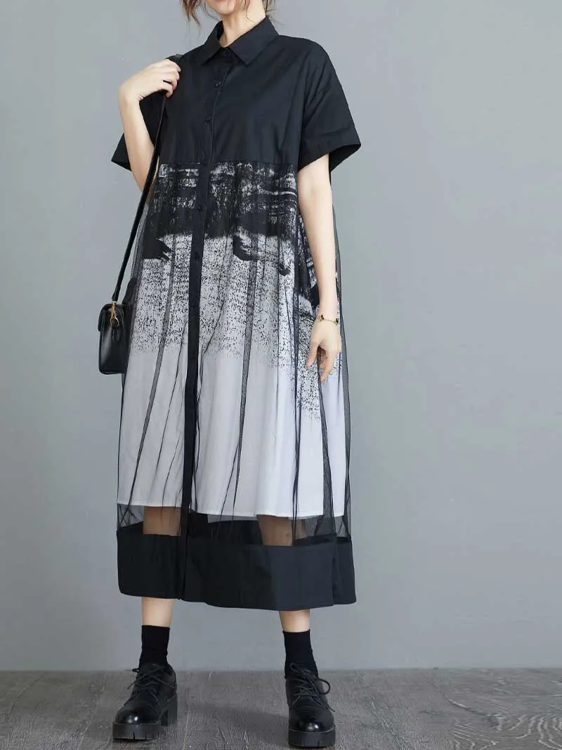 Cotton Retro Printed Black Color Short Sleeves A-Line Shirt Dress