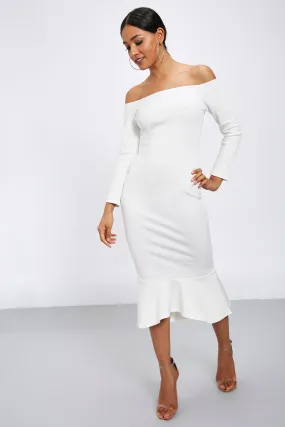 Cream Bardot Fluted Midi Dress