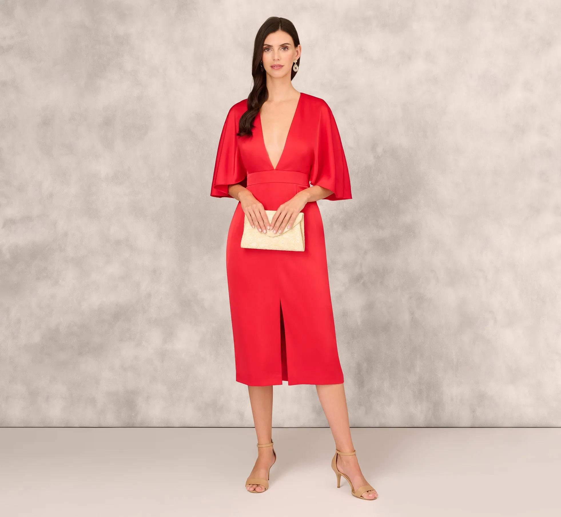 Crepe Back Satin Midi Dress With Flutter Sleeves In Chateau Red