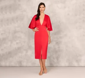 Crepe Back Satin Midi Dress With Flutter Sleeves In Chateau Red