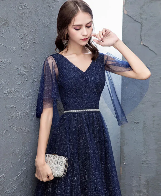 Dark Blue Sequin Tulle Long Prom Dress, Dark Blue Evening Dress