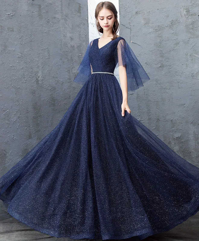 Dark Blue Sequin Tulle Long Prom Dress, Dark Blue Evening Dress