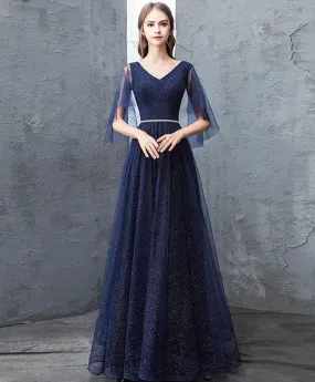 Dark Blue Sequin Tulle Long Prom Dress, Dark Blue Evening Dress