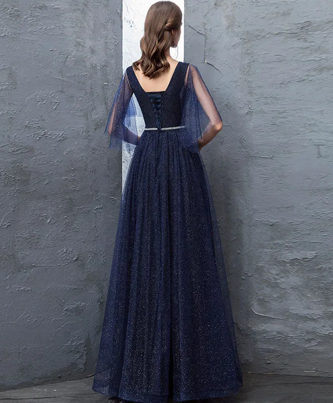 Dark Blue Sequin Tulle Long Prom Dress, Dark Blue Evening Dress