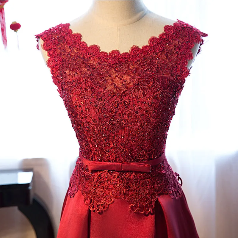 Dark Red Lace Long Junior Prom Dress, Lace Top Party Dress