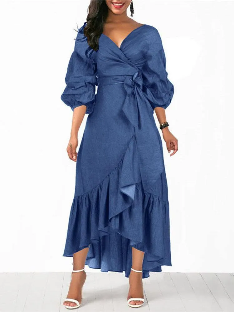 deanwangkt Women Denim Irregular Ruffle Hem Puff Sleeve Belted V-Neck Midi Dress - Trendy and Chic