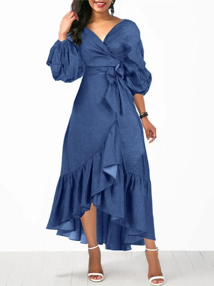 deanwangkt Women Denim Irregular Ruffle Hem Puff Sleeve Belted V-Neck Midi Dress - Trendy and Chic