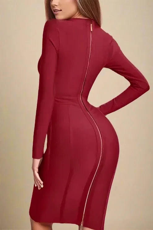 Dee Long Sleeve Bandage Dress - Red Wine