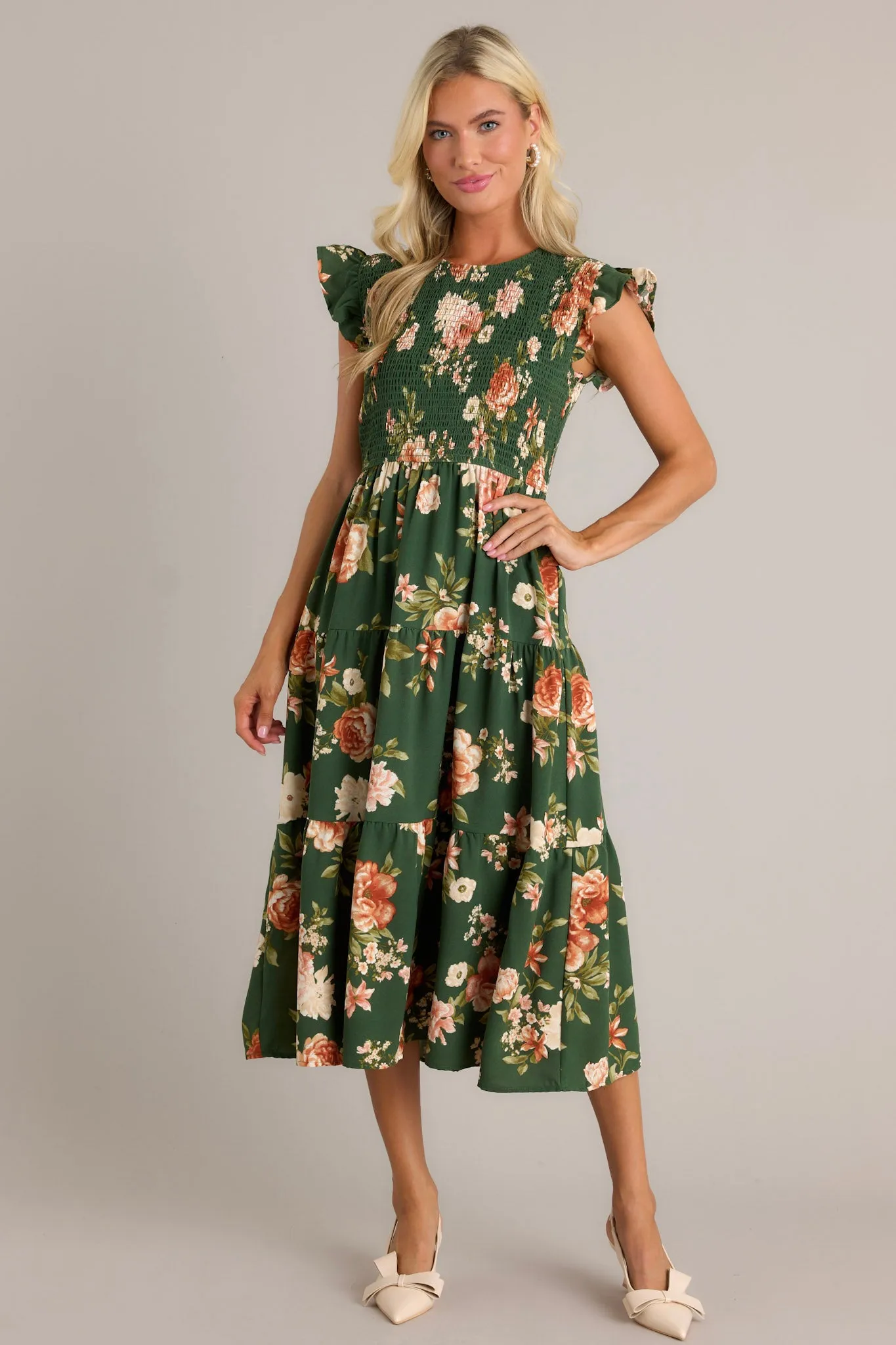 Desert Dawn Green Floral Midi Dress