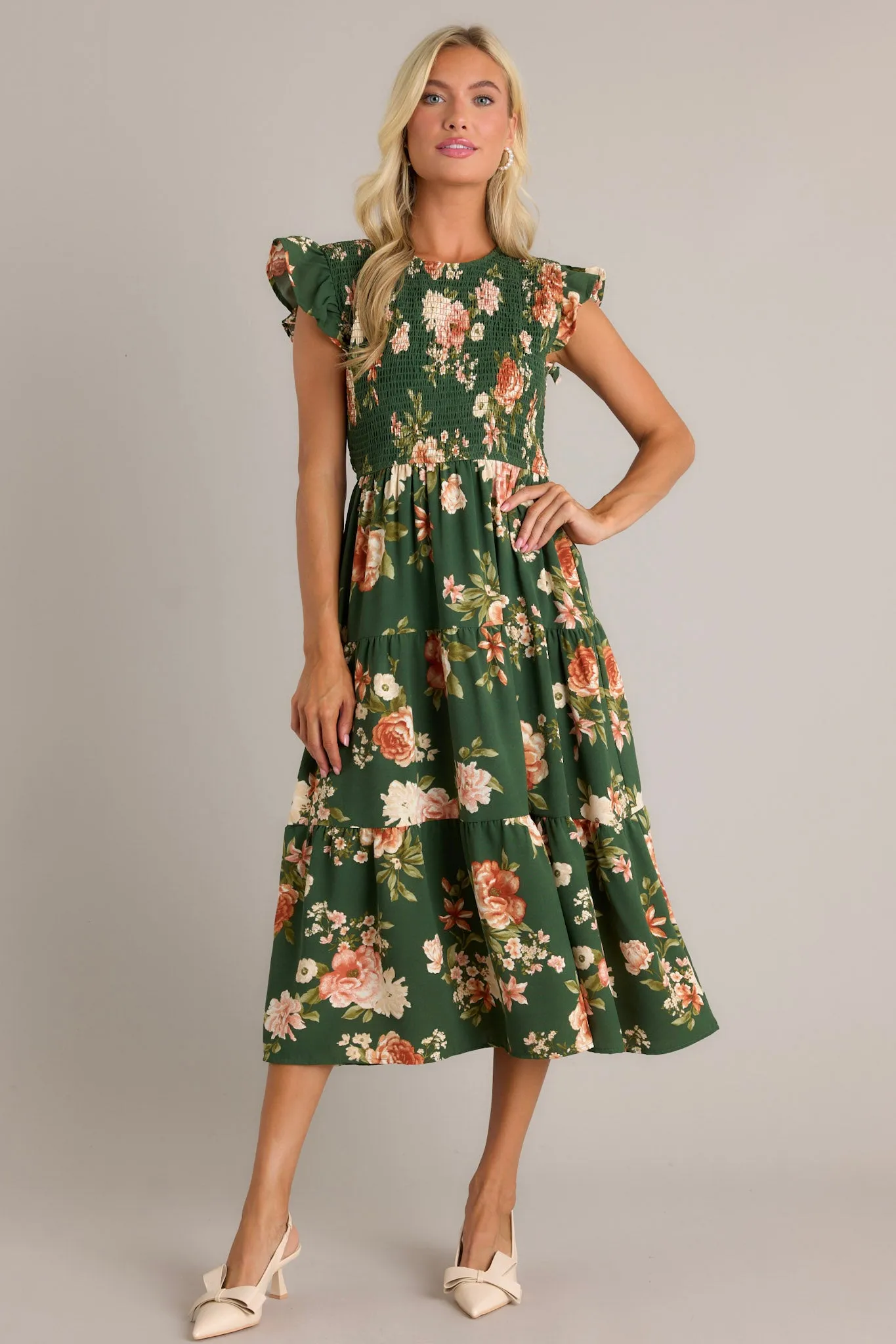 Desert Dawn Green Floral Midi Dress