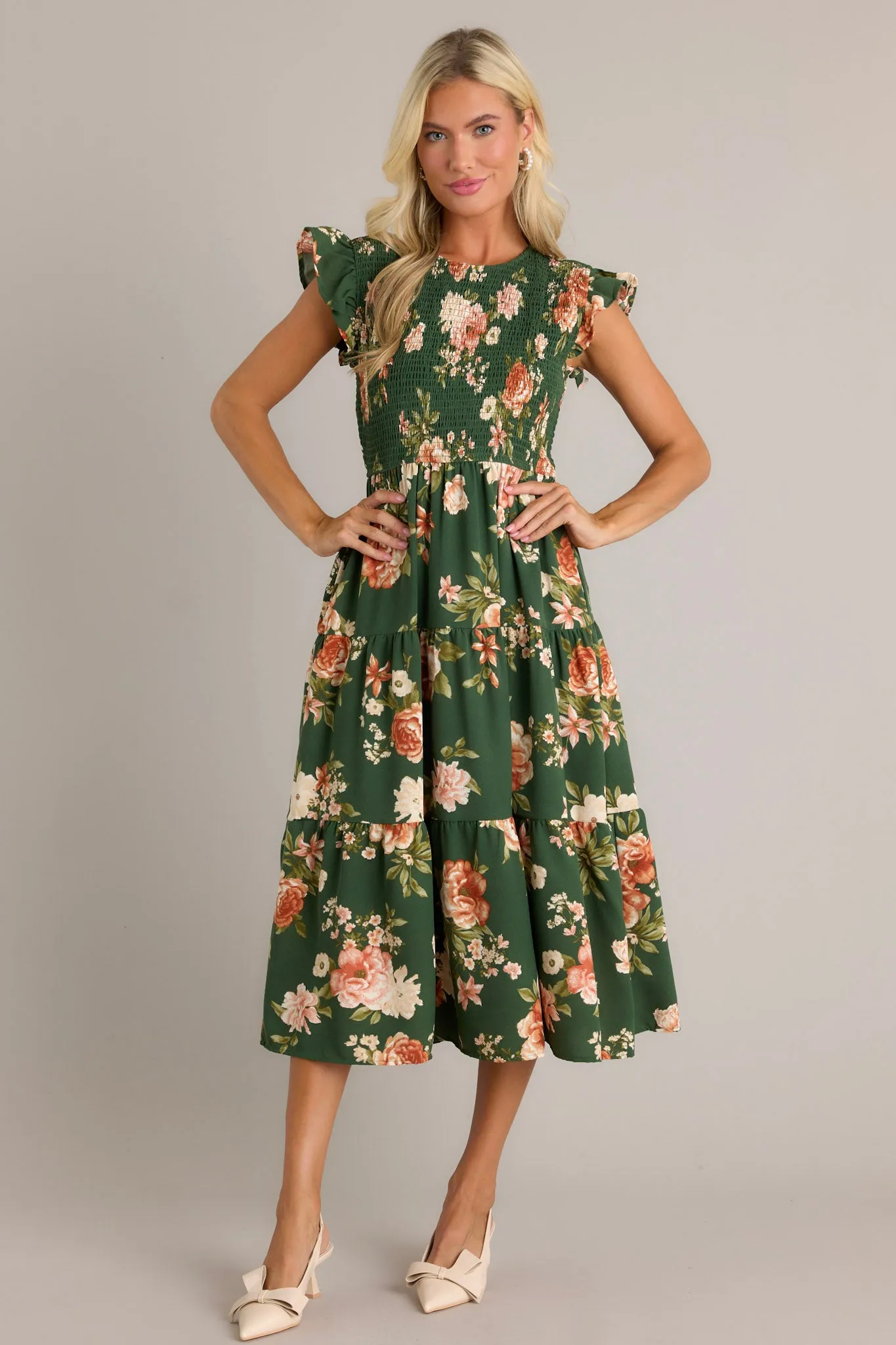 Desert Dawn Green Floral Midi Dress