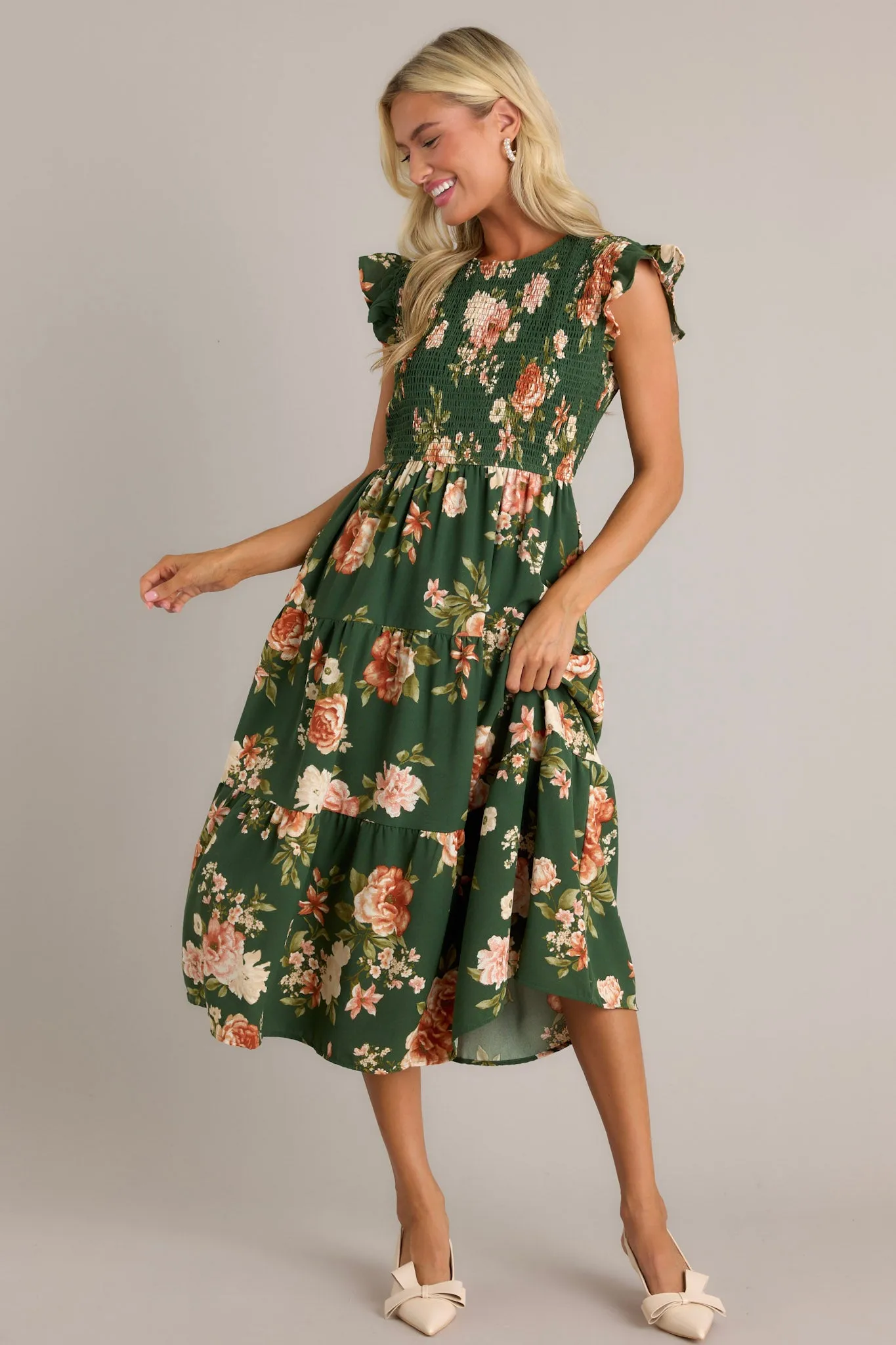 Desert Dawn Green Floral Midi Dress